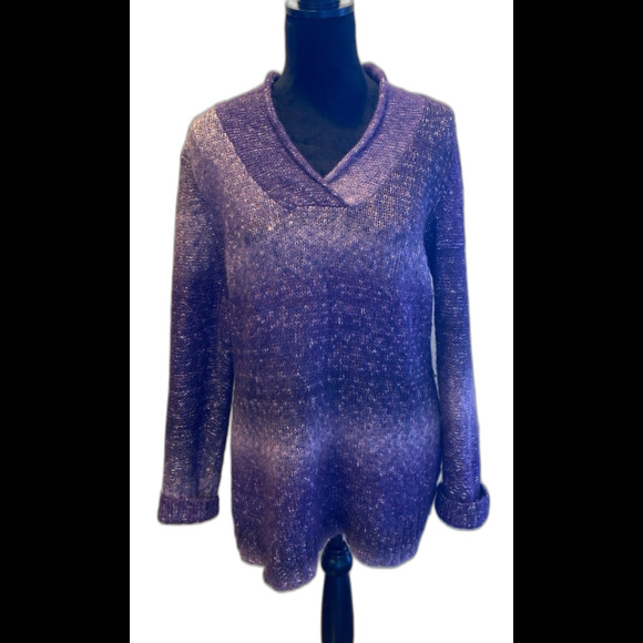 Coldwater Creek Purple Sweater Sz Large 25% Wool V Neck Variegated Fuzzy Striped - Picture 1 of 12